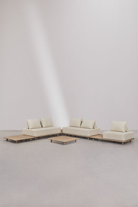 Conjunto de sala com sofá modular de canto de 4 peças com mesa auxiliar e de centro 95x95 cm em acácia Portet - Marrom Acácia Claro