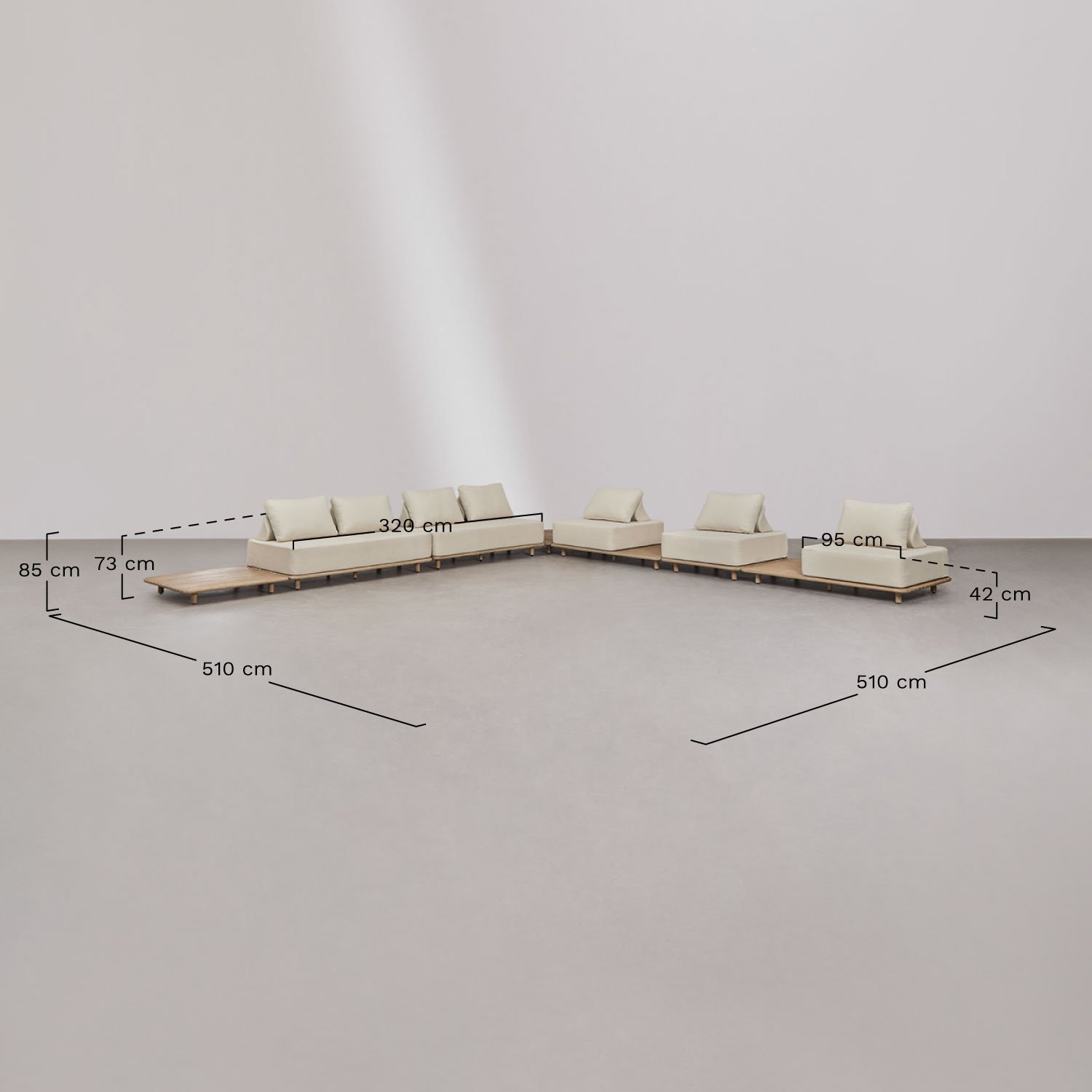 Conjunto de sofá de canto modular Portet de 5 peças com mesas laterais em acácia, Dimensões