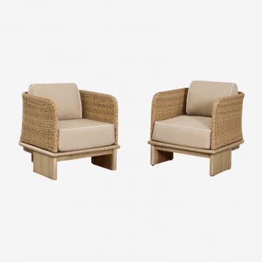 Pacote De 2 Poltronas Famara Em Rattan E Madeira De Acácia Marrom Acácia Claro - Sklum
