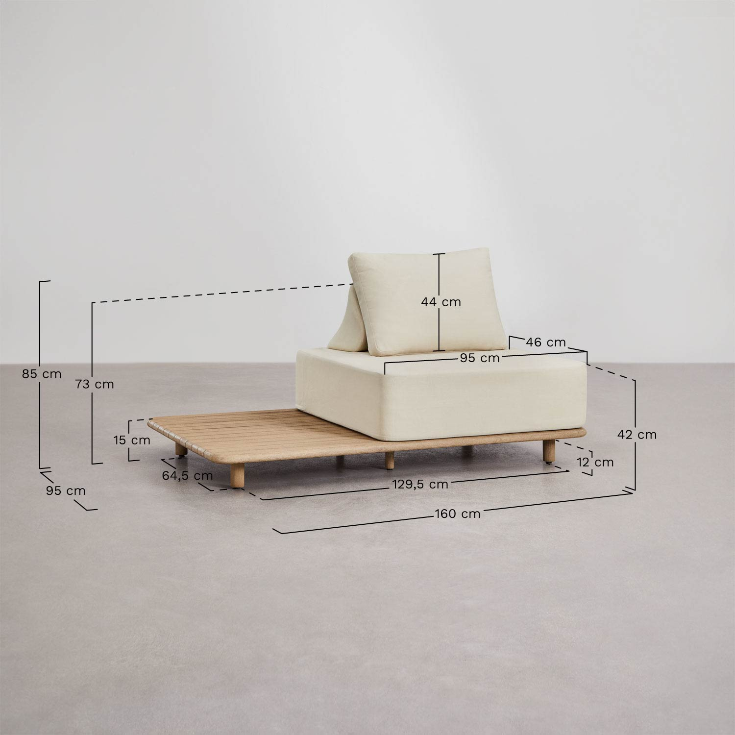 Conjunto de jardim com sofá modular de canto de 5 peças com mesa auxiliar em acácia Portet, Dimens&otilde;es