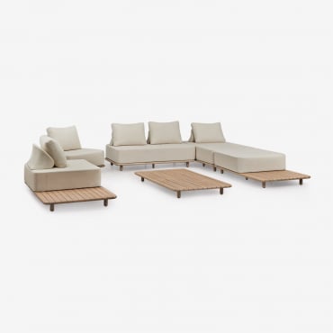 Conjunto De Jardim Com Sofá Modular De 3 Peças, Chaise Longue, Mesa Lateral, 2 Poltronas E Mesa De Centro 160x95 Cm Em Portet Gardénia Branco - Sklum