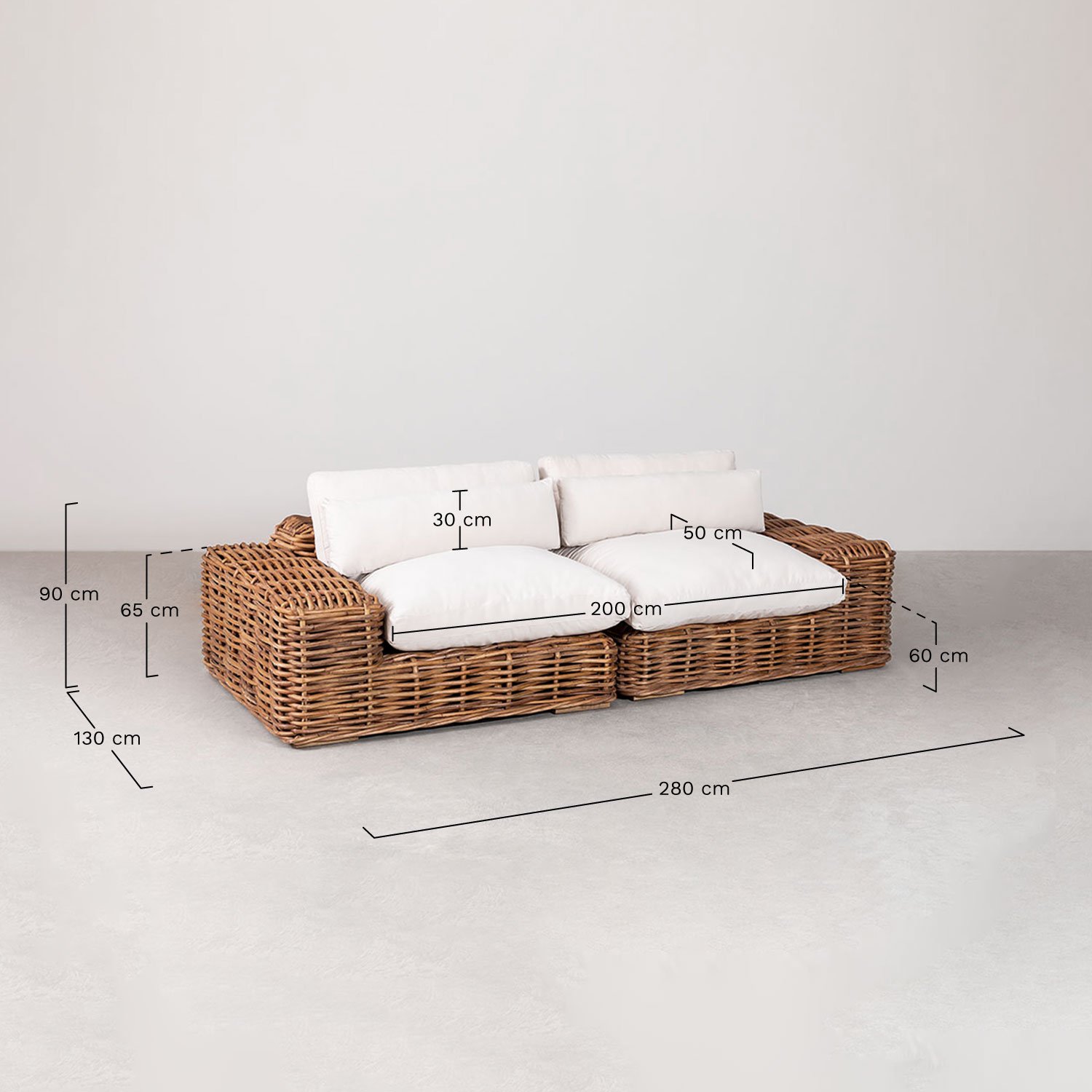 Sofá modular de vime Milu de 2 peças, Dimensões