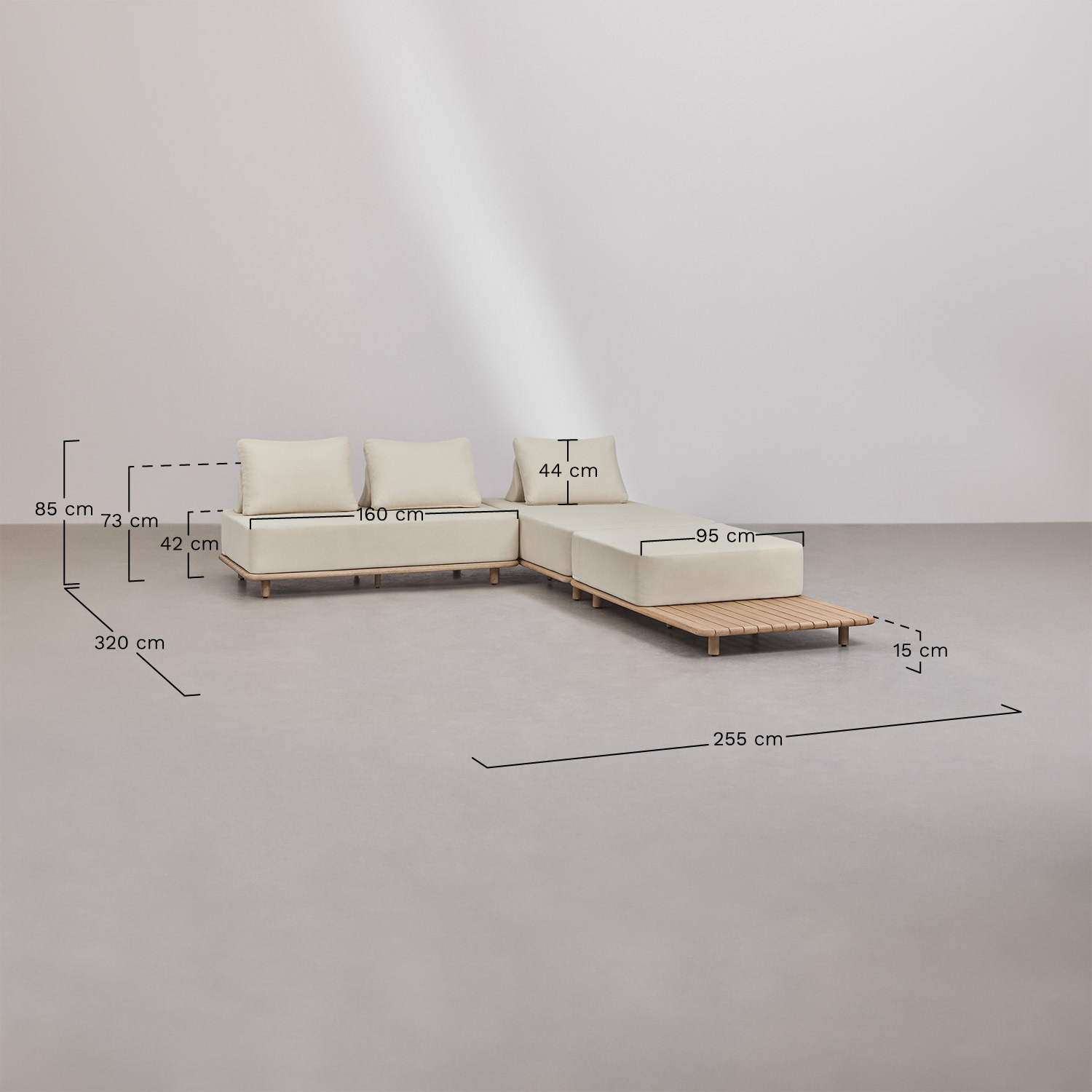 Conjunto de sala com sofá modular chaise longue de 3 peças, mesa auxiliar, poltrona e mesa de centro 95x95 cm em acácia Portet, Dimens&otilde;es