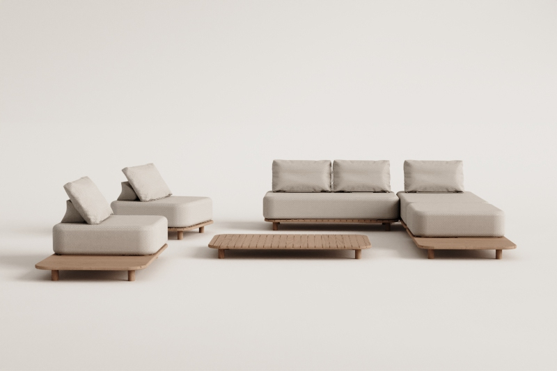 Conjunto de jardim com sofá modular chaise longue 3p, mesa de apoio, 2 poltronas e mesa de centro 160x95 cm em acácia Portet