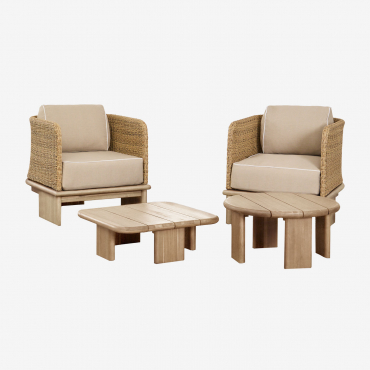 Conjunto De Sala De Estar Com 2 Poltronas E 2 Mesas De Centro Em Rattan E Madeira De Acácia Famara Marrom Acácia Claro - Sklum