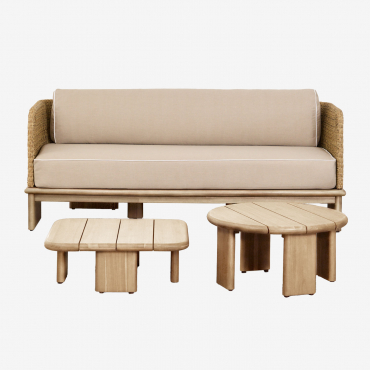 Conjunto De Jardim Com Sofá De 3 Lugares E 2 Mesas De Centro Em Vime E Madeira De Acácia Famara Marrom Acácia Claro - Sklum