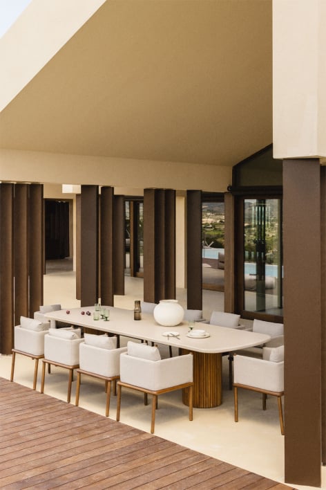 Mesa de jardim retangular em cimento e madeira de acácia Sirvon - 270 x 110 cm