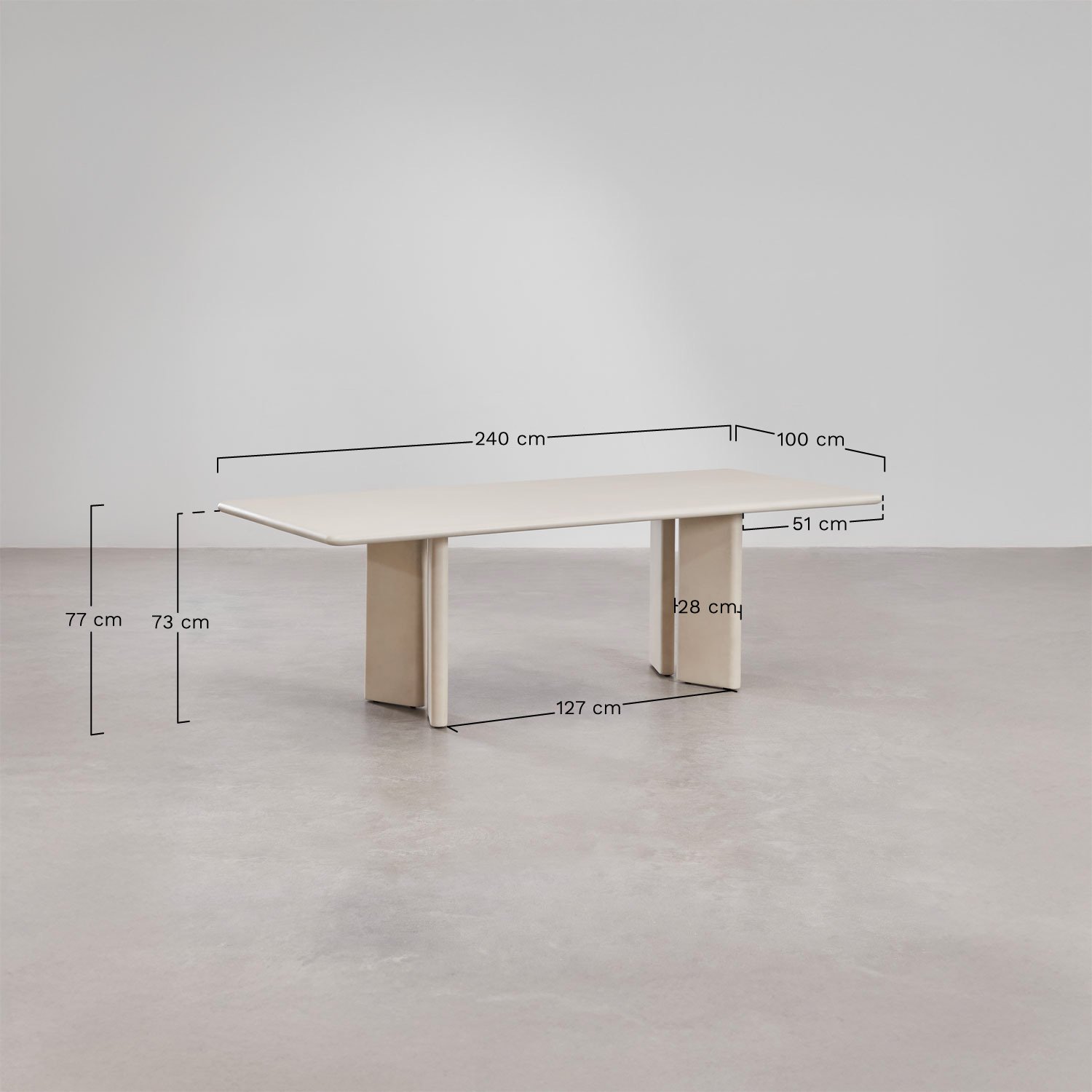 Conjunto de mesa retangular 240x100 cm em cimento Chelsea e 8 cadeiras de jardim em alumínio e corda trançada Sophie, Dimensões