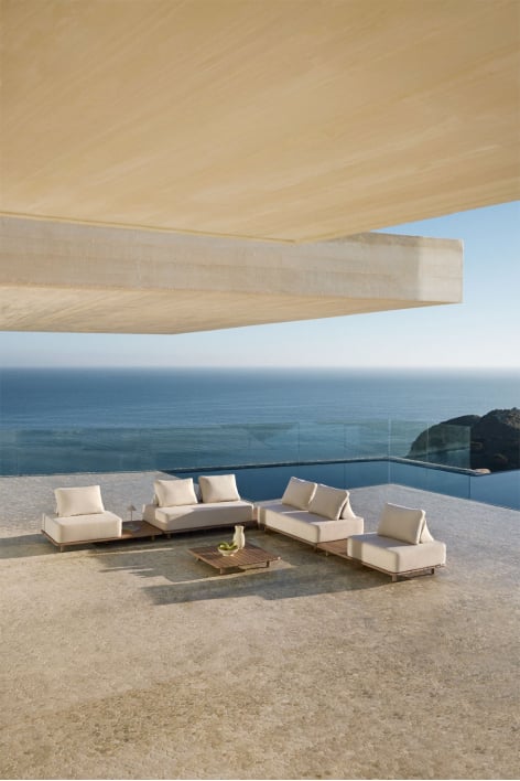 Conjunto de jardim com sofá de canto modular de 4 peças com mesas laterais e mesa de centro 95x95 cm em acácia Portet