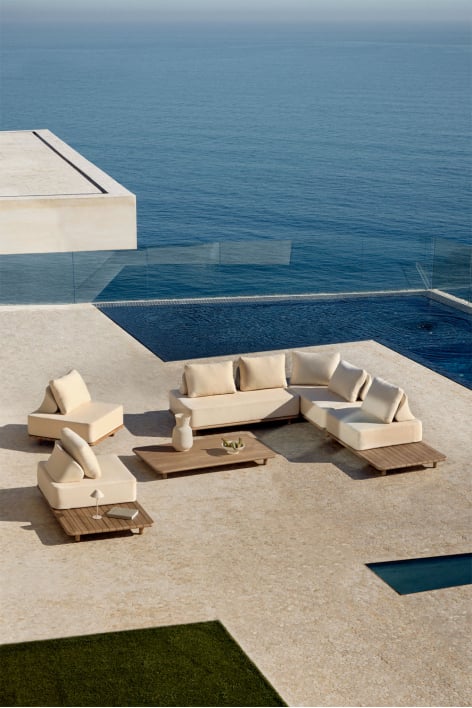 Conjunto de jardim com sofá de canto modular de 5 peças com mesa lateral e mesa de centro 160x95 cm em acácia Portet