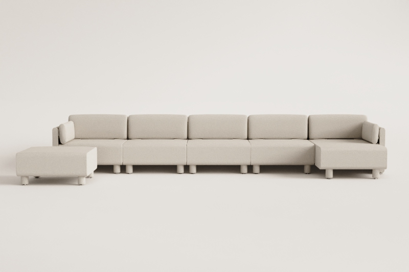 Sofá modular de 5 peças com chaise longue e pufe em tecido Artemisa bouclé