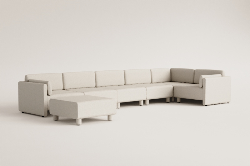 Sofá modular de canto direito de 6 peças e pufe em tecido bouclé Artemisa