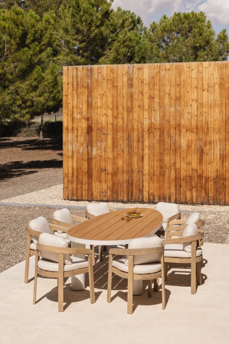 Conjunto de mesa oval Taneli, 260x110 cm, feito de alumínio e madeira de teca, e 8 cadeiras de jardim em madeira de acácia Uleno