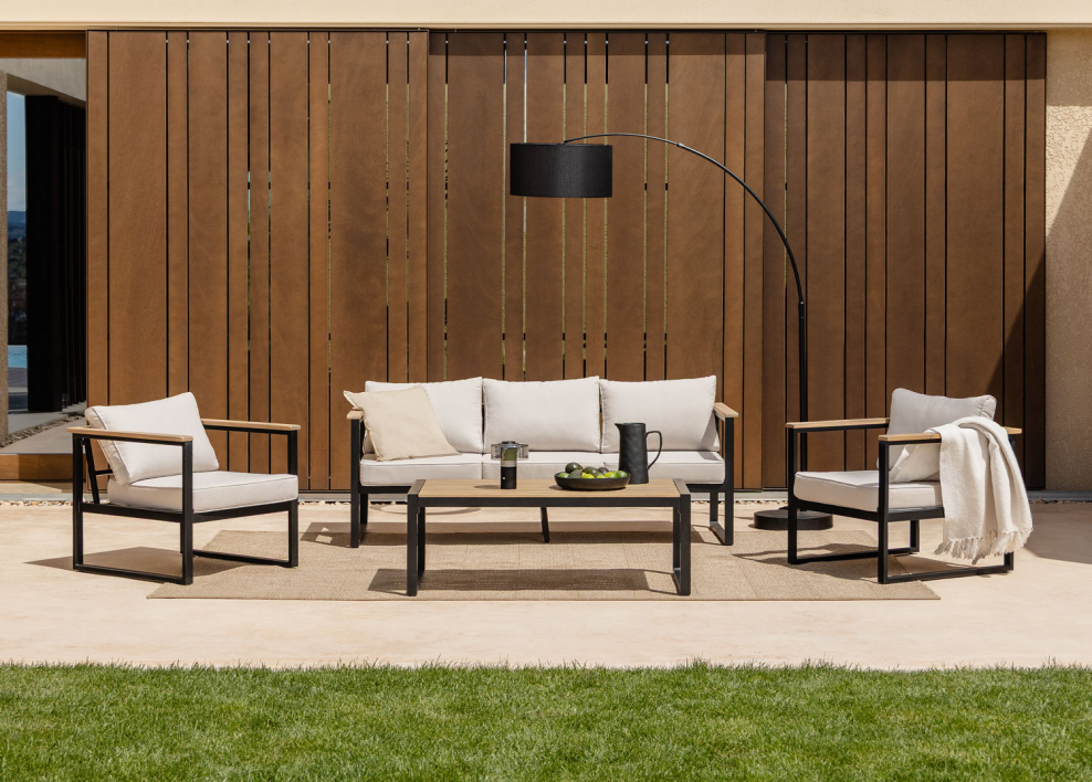 Conjunto de jardim com sofá de 3 lugares, 2 poltronas e mesa de centro em alumínio Lipov - Preto