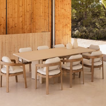 Conjunto De Mesa Retangular 240x100 Cm Em Cimento Chelsea E 8 Cadeiras De Jardim Em Madeira De Acácia Uleno Tapioca Bege - Sklum