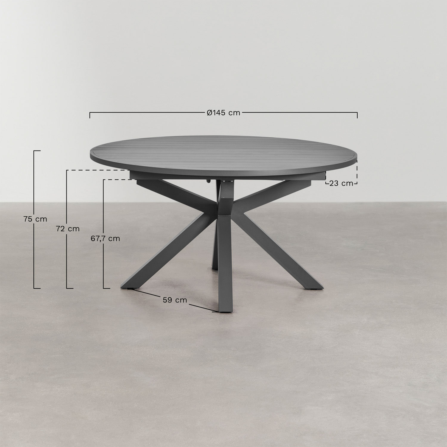 Conjunto de mesa redonda extensível Barces, 145-200x145 cm, feito de alumínio e 8 cadeiras de jardim empilháveis Ivor com braços, Dimensões