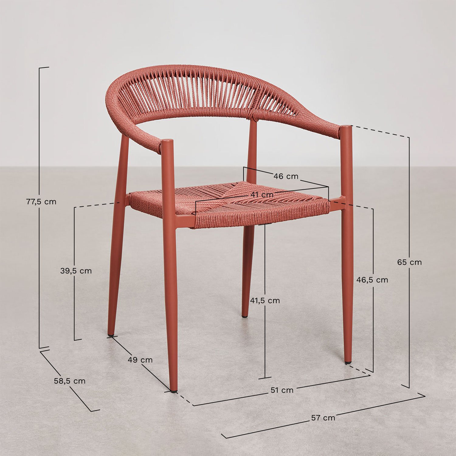 Conjunto de mesa extensível redonda Barces 145-200x145 cm e 8 cadeiras de jardim empilháveis em alumínio Amatria com braços, Dimensões
