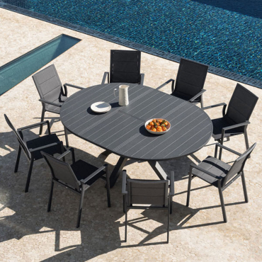 Conjunto De Mesa Extensível Redonda Barces 145-200x145 Cm E 8 Cadeiras De Jardim Empilháveis Karena Em Alumínio Com Braços Cinza Grafito - Sklum