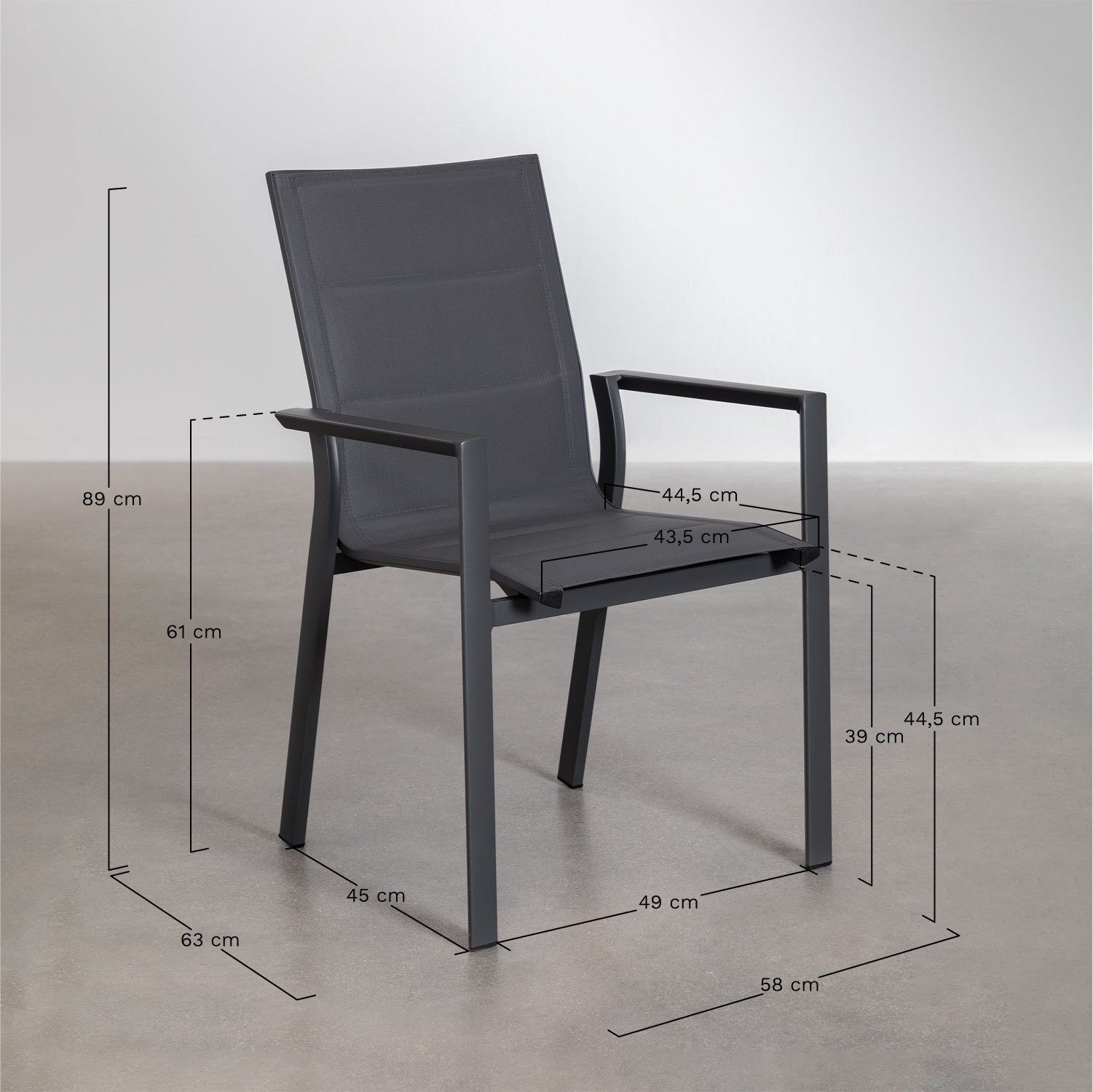 Conjunto de mesa extensível redonda Barces 145-200x145 cm e 8 cadeiras de jardim empilháveis Karena em alumínio com braços, Dimensões