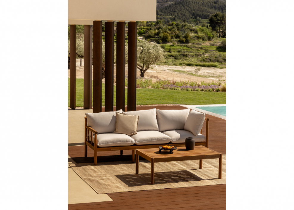 Conjunto de jardim com sofá de 3 lugares e mesa de centro em madeira de acácia Melvin