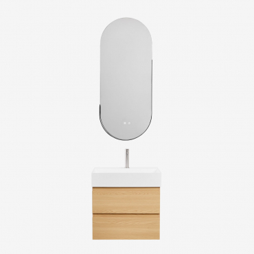Conjunto De Móvel De Casa De Banho Em Madeira E Chapa De Freixo Com Lavatório Integrado Ona Madeira Natural & Ovalado Led E - Sklum