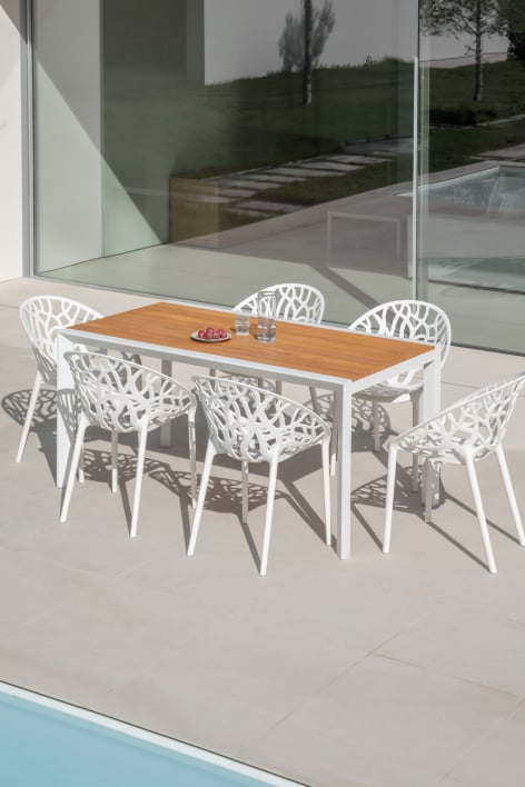 Conjunto de mesa retangular 160x90 cm em madeira de eucalipto e alumínio Archer Classic e 6 cadeiras de jardim empilháveis Ores