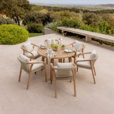 Conjunto De Mesa Redonda De 120 Cm E 6 Cadeiras De Jardim Com Braços Em Madeira De Acácia Do Dubai Gardénia Branco & Castanho Acácia Rústico - Sklum