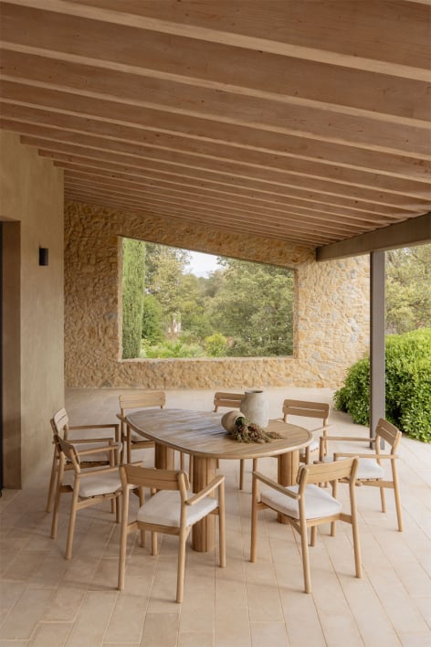 Conjunto de mesa ovalada ↔︎ 190 cm em madeira de acácia Ginara e 8 cadeiras de jardim em madeira de acácia Saira