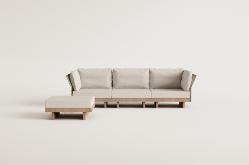 Sofá modular de jardim de 3 peças com 2 cadeirões de canto e puff em madeira de acácia Dailin