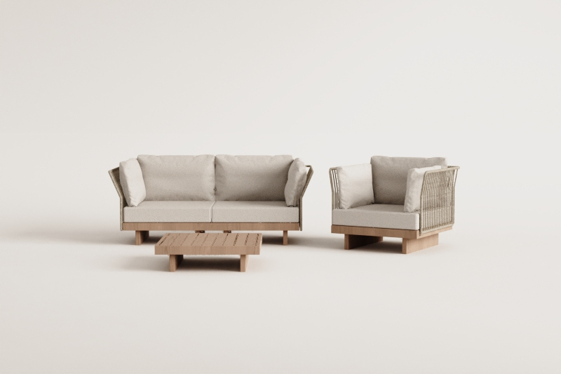 Conjunto de sala de estar com sofá modular de 2 peças com 2 cadeiras de canto, mesa de centro e poltrona em madeira de acácia Da
