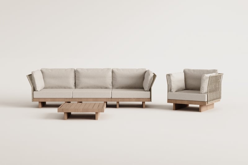 Conjunto de sofá modular Dailin de 3 peças com 2 cadeiras de canto, mesa de centro e poltrona em madeira de acácia