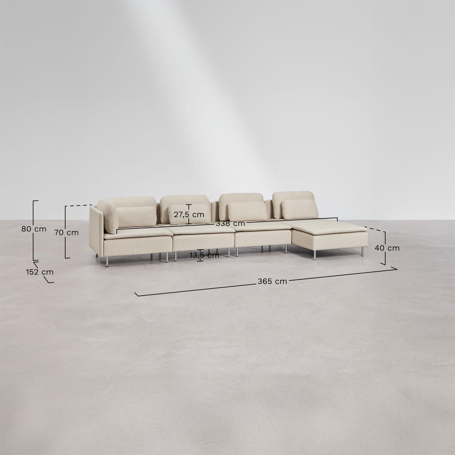 Sofá modular chaise longue direito de 4 peças com módulo de canto Oriol, Dimensões
