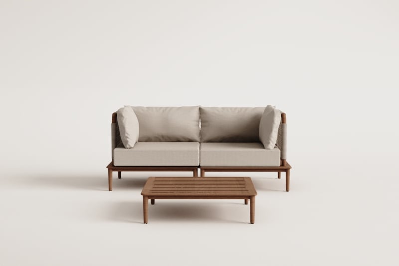 Conjunto de sala com sofá modular de 2 peças, 2 poltronas de canto e mesa de centro em acácia Giulia