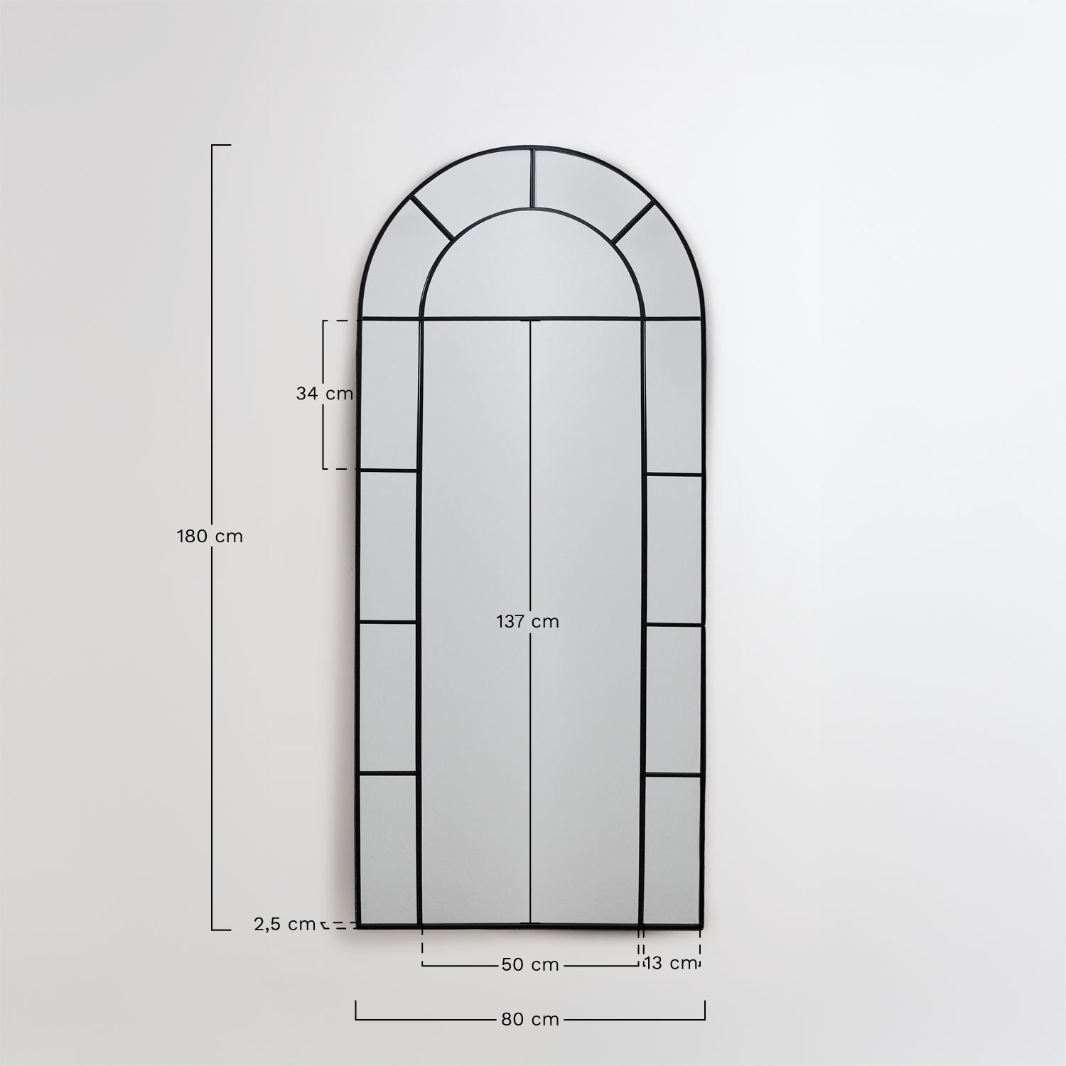 Espelho de parede 80x180 cm em metal efeito janela Diana, Dimensões