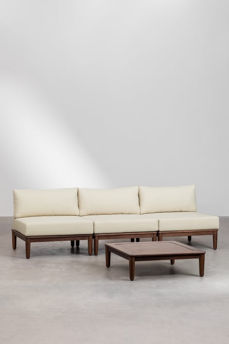 Conjunto de sala com sofá modular de 3 peças e mesa de centro em acácia Giulia