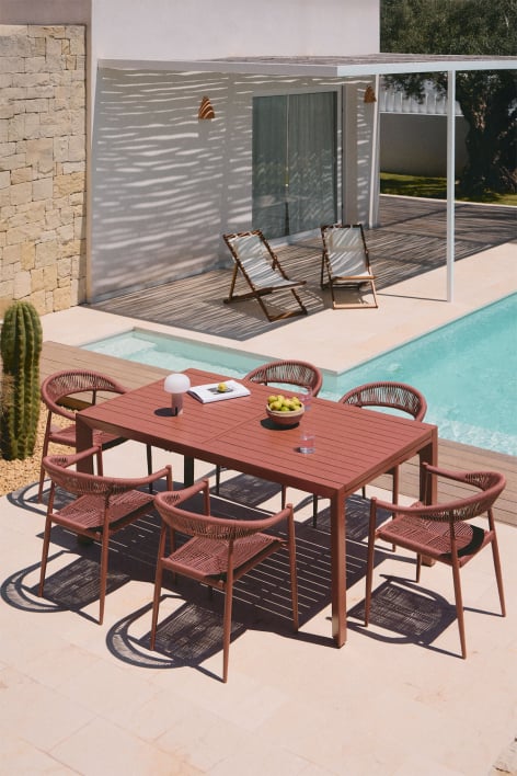 Conjunto de mesa extensível retangular de 180-240x100 cm em alumínio Starmi e 6 cadeiras de jardim Amatria em alumínio e rattan