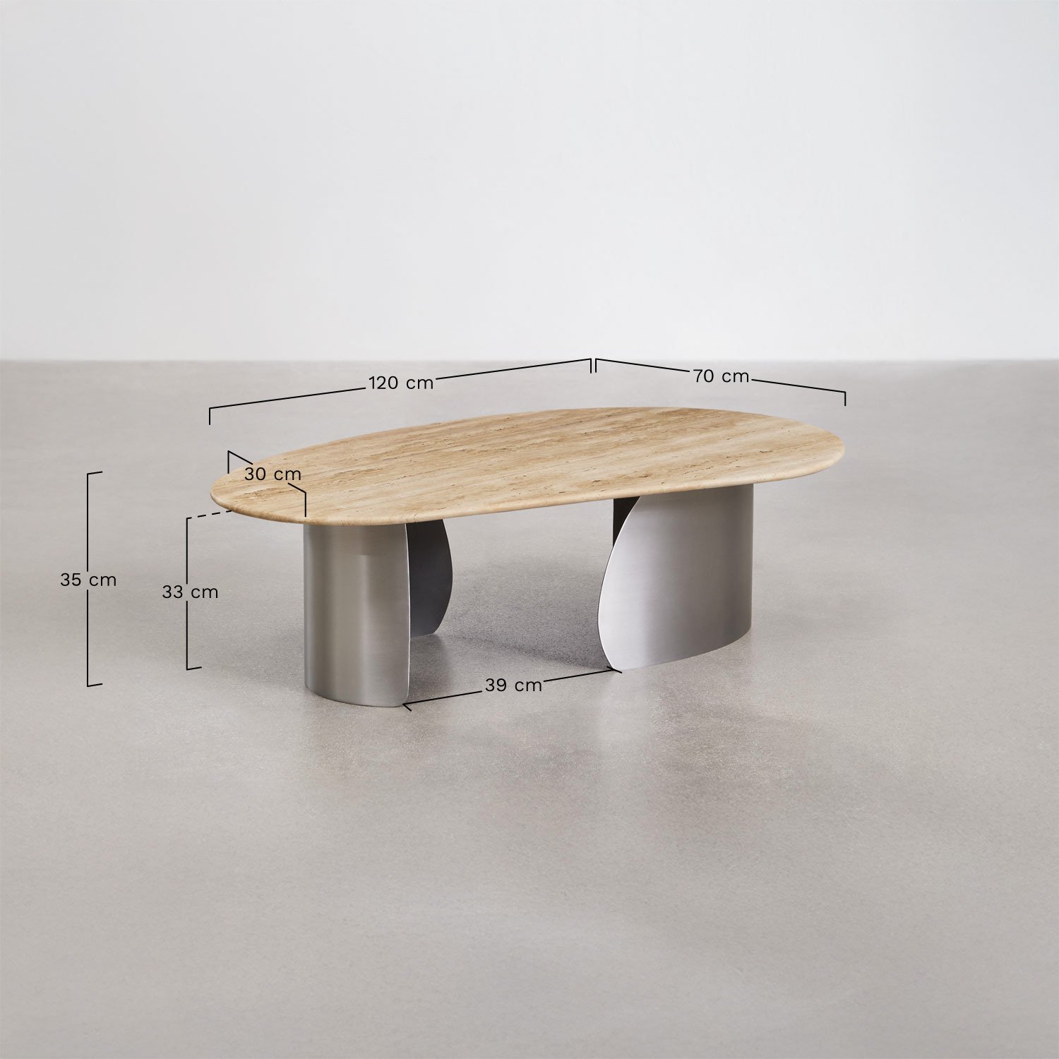 Mesa de centro Vayet 120x70 cm em travertino e aço inoxidável, Dimensões