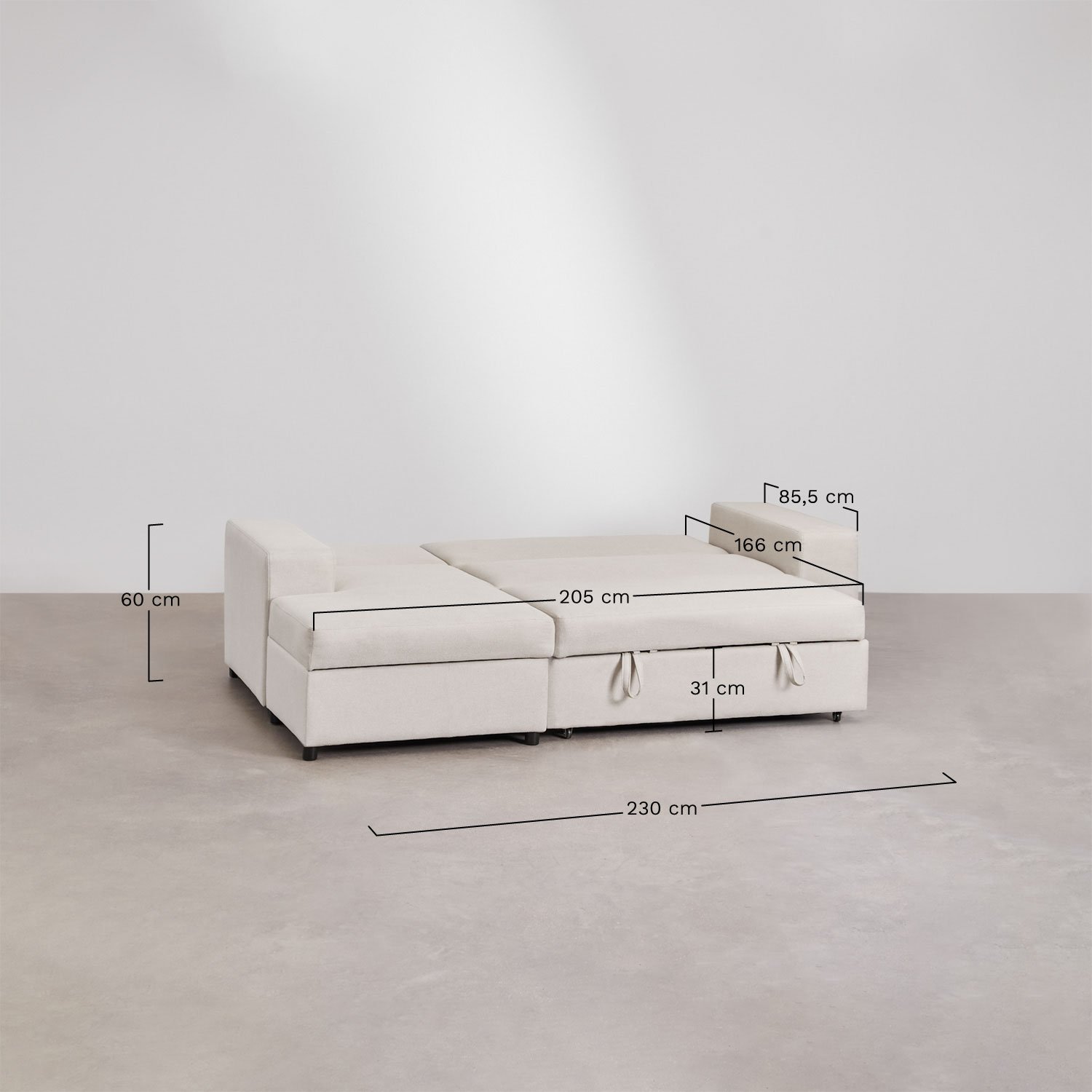 Sofá-cama chaise longue esquerda 3 lugares em tecido Umay, Dimensões