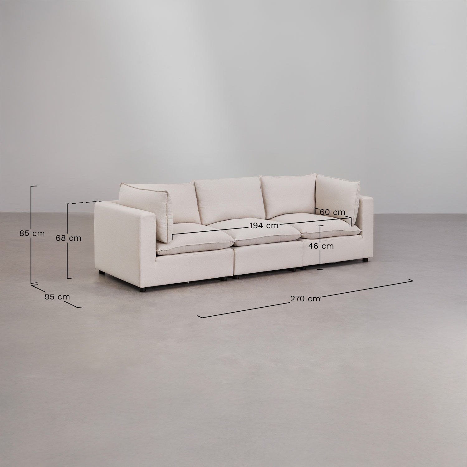 Sofá modular de 3 peças Daniela, Dimensões