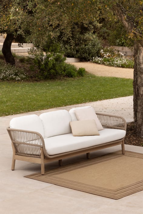 Sofá de jardim de 3 lugares em madeira de acácia e corda trançada Karvia - Tecido Branco