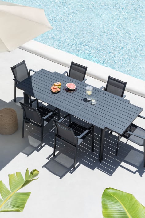Conjunto de mesa extensível retangular Starmi, 180-240x100 cm, feito de alumínio e 6 cadeiras de jardim Eika.