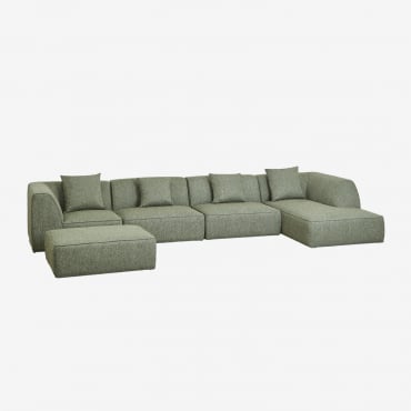 Sofá Modular De 4 Peças Com Chaise Longue Do Lado Direito E Pufe Estofado Cardea Bouclé Verde Sálvia - Sklum