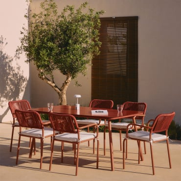 Conjunto De Mesa Retangular Arhiza, 160x90 Cm, E 6 Cadeiras De Jardim Empilháveis De Alumínio. Telha Vermelha - Sklum