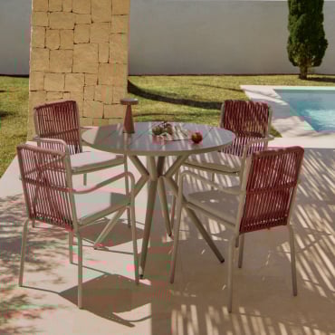 Conjunto De Mesa Redonda Ø100 Cm Valerie E 4 Cadeiras De Jardim Com Braços Em Alumínio Alberta Castanho Moka & Telha Vermelha - Sklum