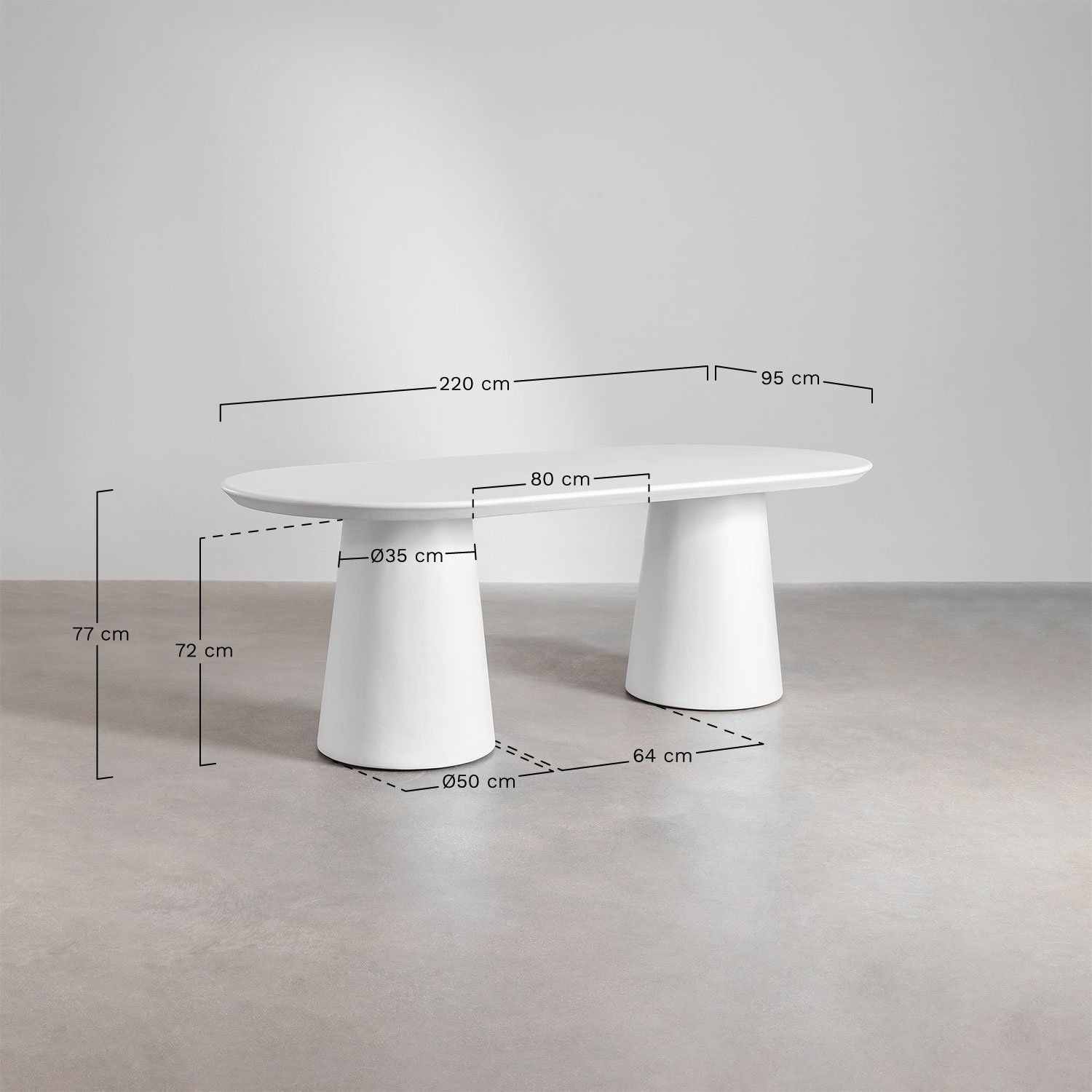 Conjunto de mesa oval 220x95 cm em cimento Noemi e 8 cadeiras de jardim Sophie com braços de alumínio e corda trançada, Dimensões