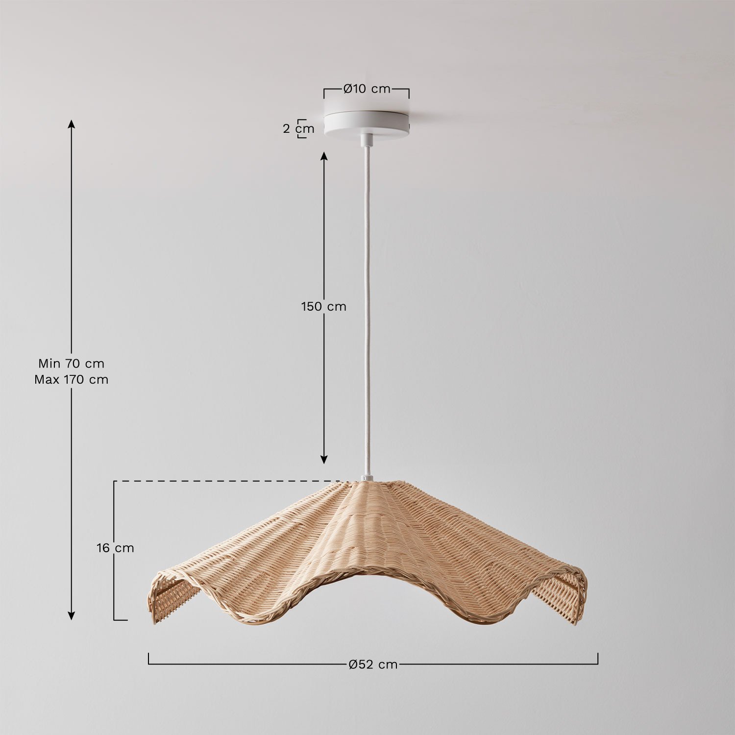 Luminária de teto de vime Heulyn, Dimensões