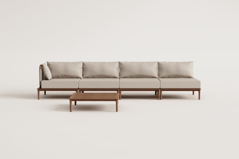 Conjunto de sala de estar com sofá de canto modular de 4 peças e mesa de centro em acácia Giulia