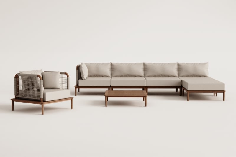 Conjunto de sala com sofá modular de canto de 4 peças, mesa de centro, puff e poltrona em acácia Giulia