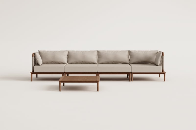 Conjunto de sala com sofá modular de 4 peças com 2 poltronas de canto e mesa de centro em acácia Giulia