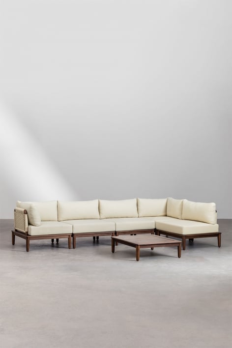 Conjunto de sala com sofá modular de canto de 5 peças e mesa de centro em acácia Giulia